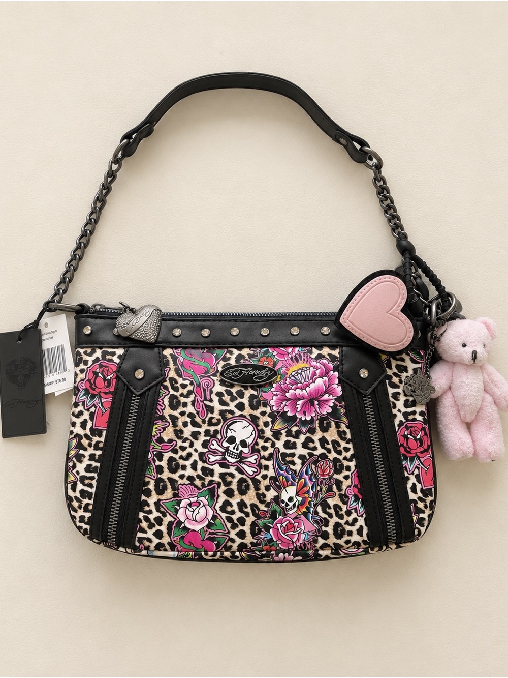 Ed Hardy Leopard Skull Rose Shoulder Bag Y2K NWT Pink Charms